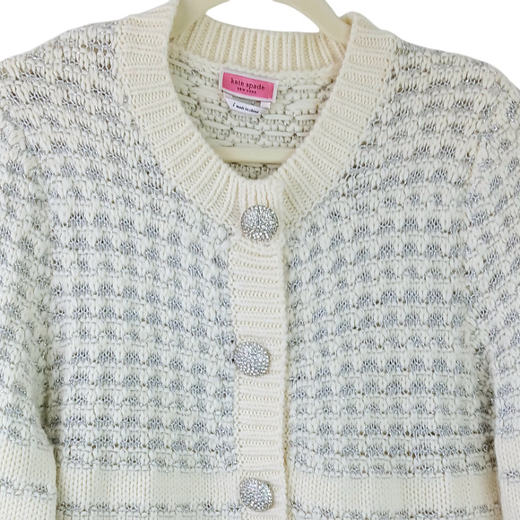 Kate Spade SZ L Jewel Button Textured Cream Silver Wool Alpaca Cardigan $328 - Picture 3 of 5